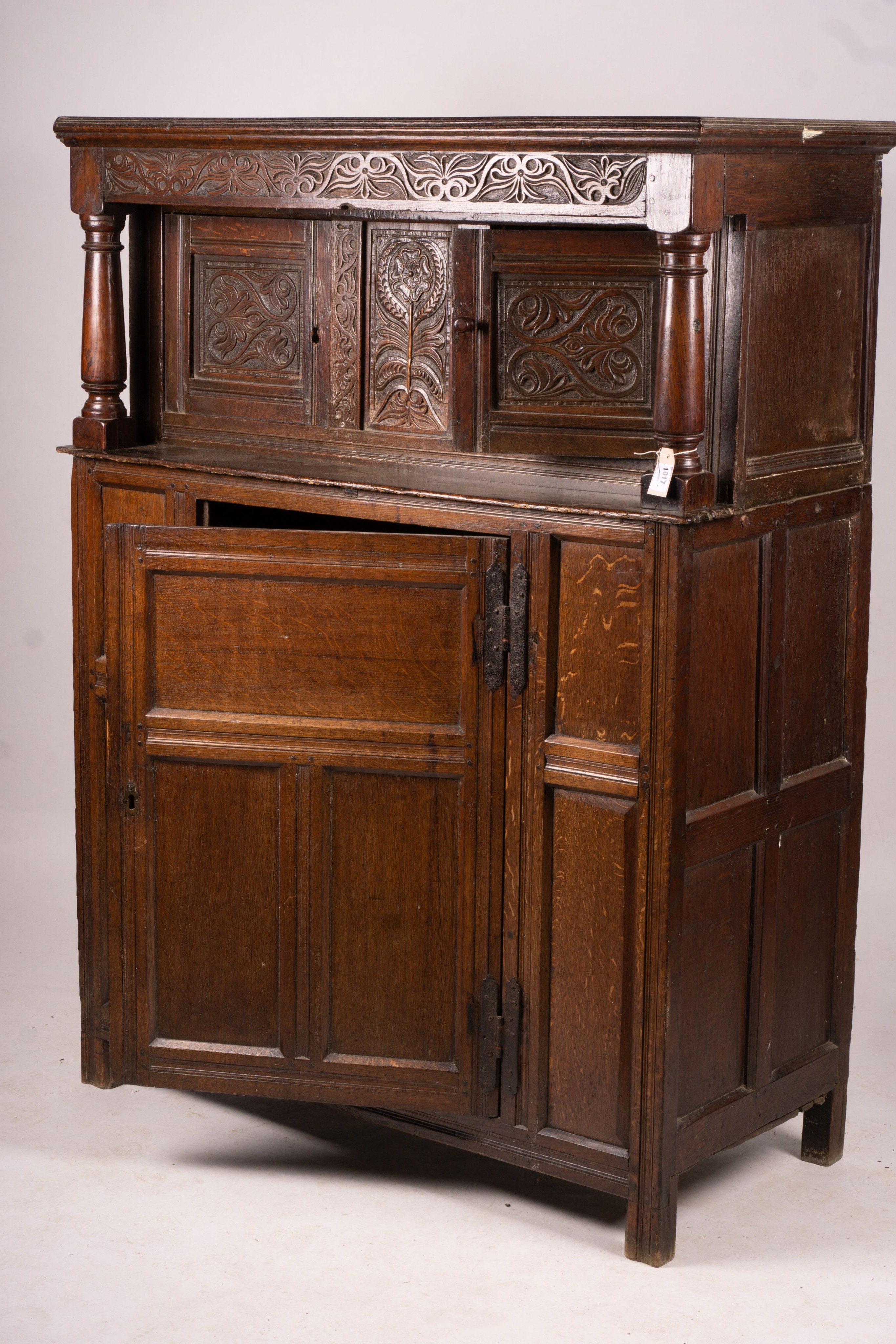 An early 18th century oak court cupboard, width 128cm, depth 59cm, height 172cm